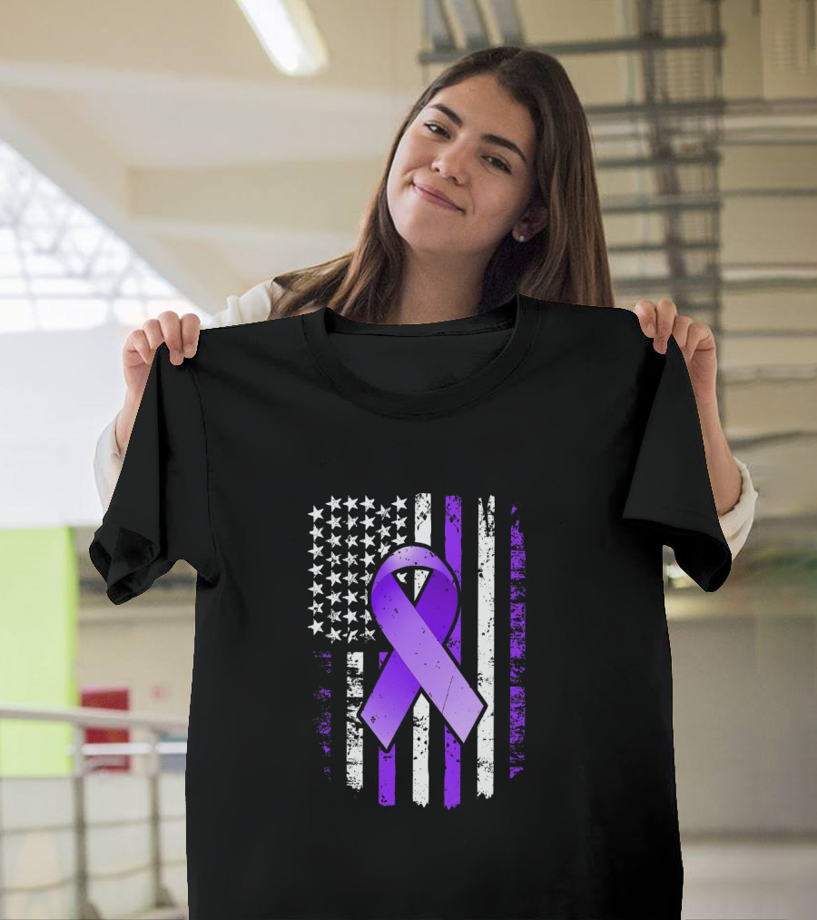 American Flag Purple Ribbon Pancreatic Cancer Awareness T-Shirt