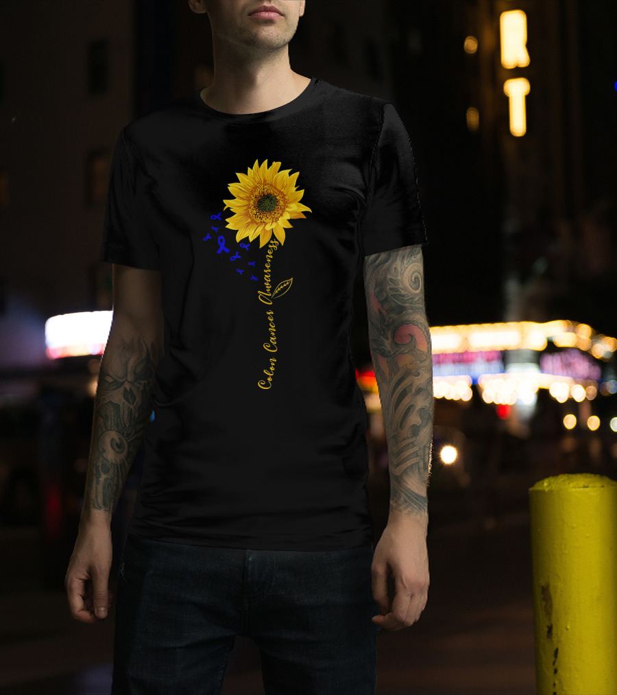 Hippie Sunflower Colon Cancer Awareness Sunflower With Blue Ribbons T-Shirt