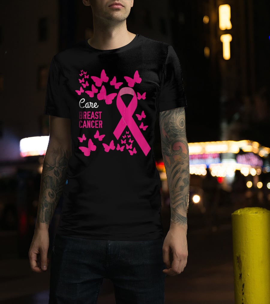 Care Breast Cancer Pink Ribbon Awareness With Butterfly Support T-Shirt
