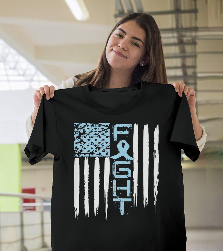 Prostate Cancer Awareness Fight Blue Ribbon American Flag T-Shirt