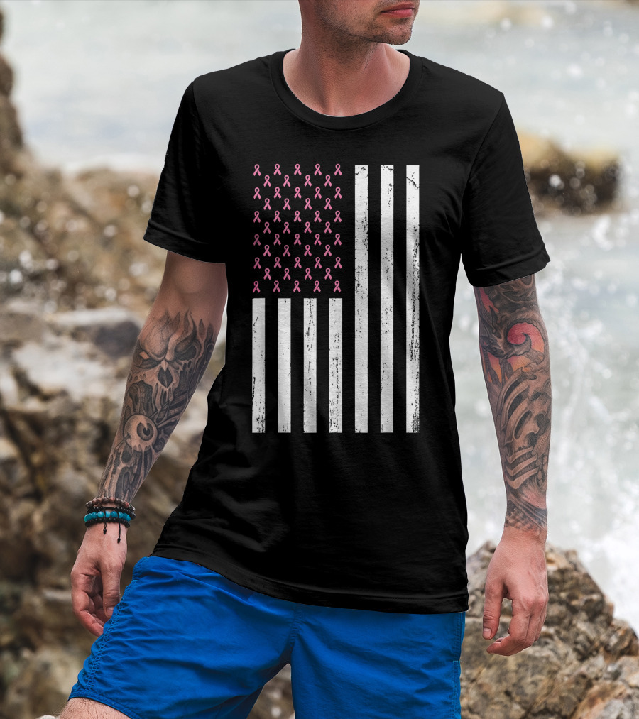 American Flag Pink Ribbons Breast Cancer Awareness T-Shirt