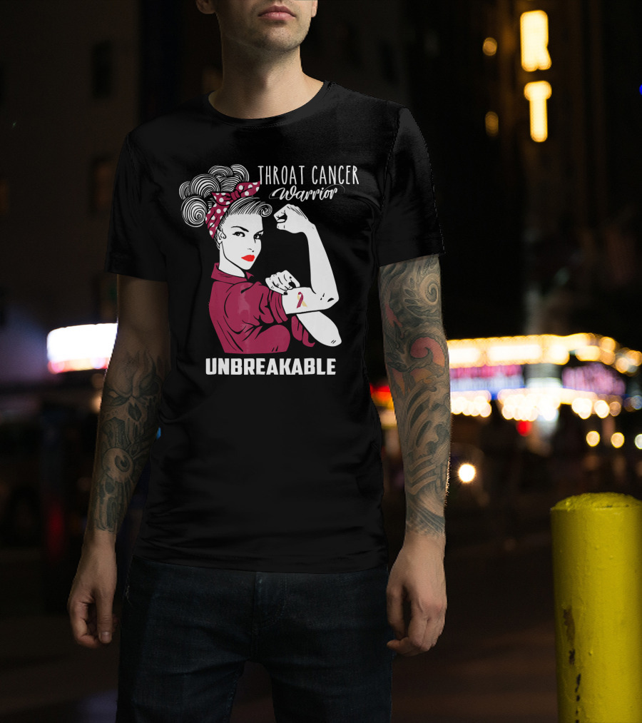 Throat Cancer Warrior Unbreakable Rosie The Riveter Ribbon Empowerment T-Shirt