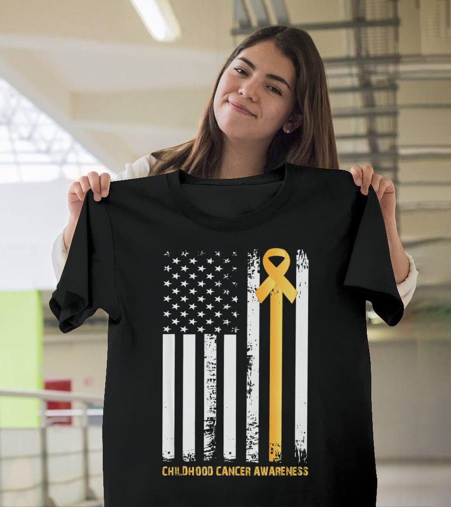Childhood Cancer Awareness Gold Ribbon American Flag T-Shirt