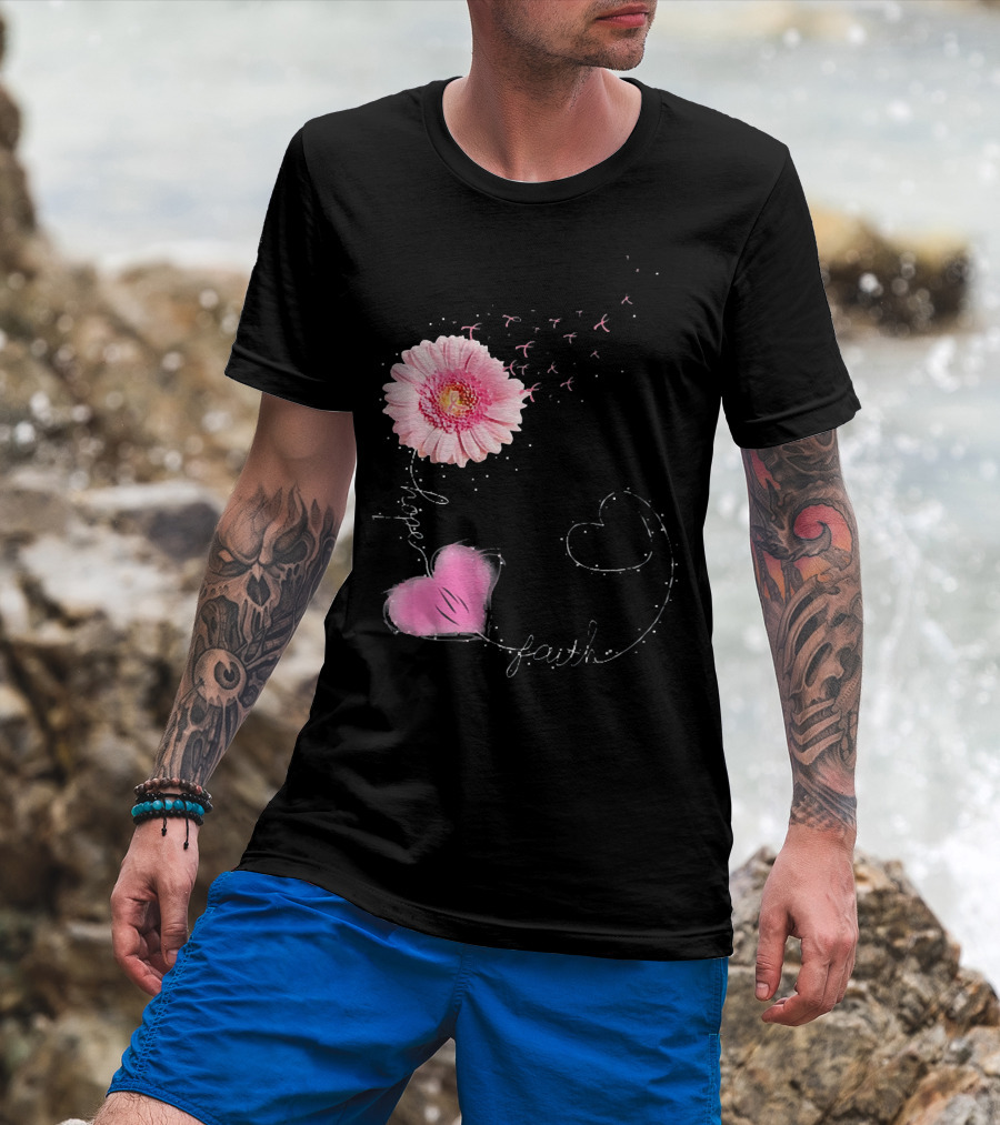 Hope Faith Pink Flower Hearts Breast Cancer Awareness T-Shirt