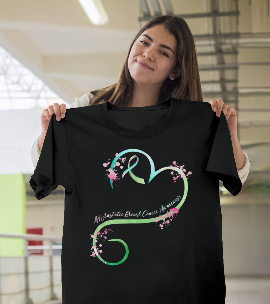 Metastatic Breast Cancer Awareness Heart Ribbon Splatters T-Shirt