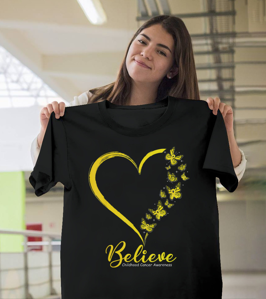 Believe Butterfly Heart Childhood Cancer Awareness T-Shirt