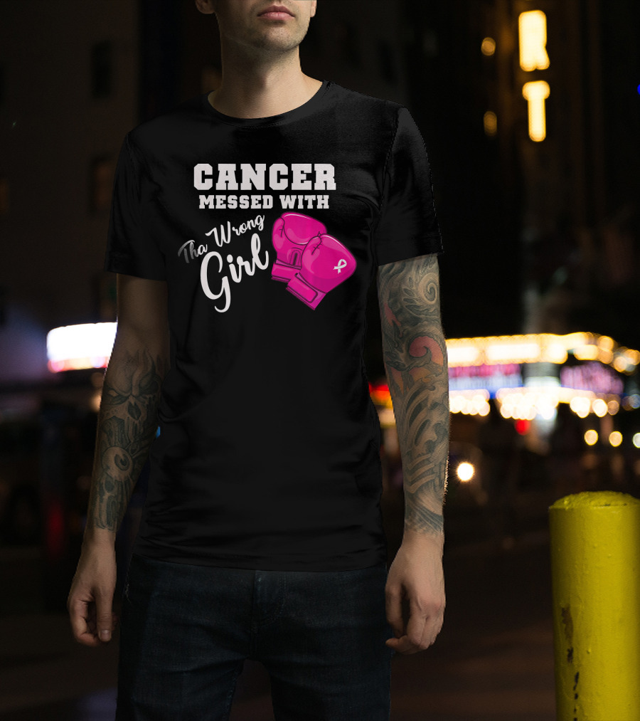 Cancer Messed With The Wrong Girl Boxing Gloves Breast Cancer Awareness T-Shirt