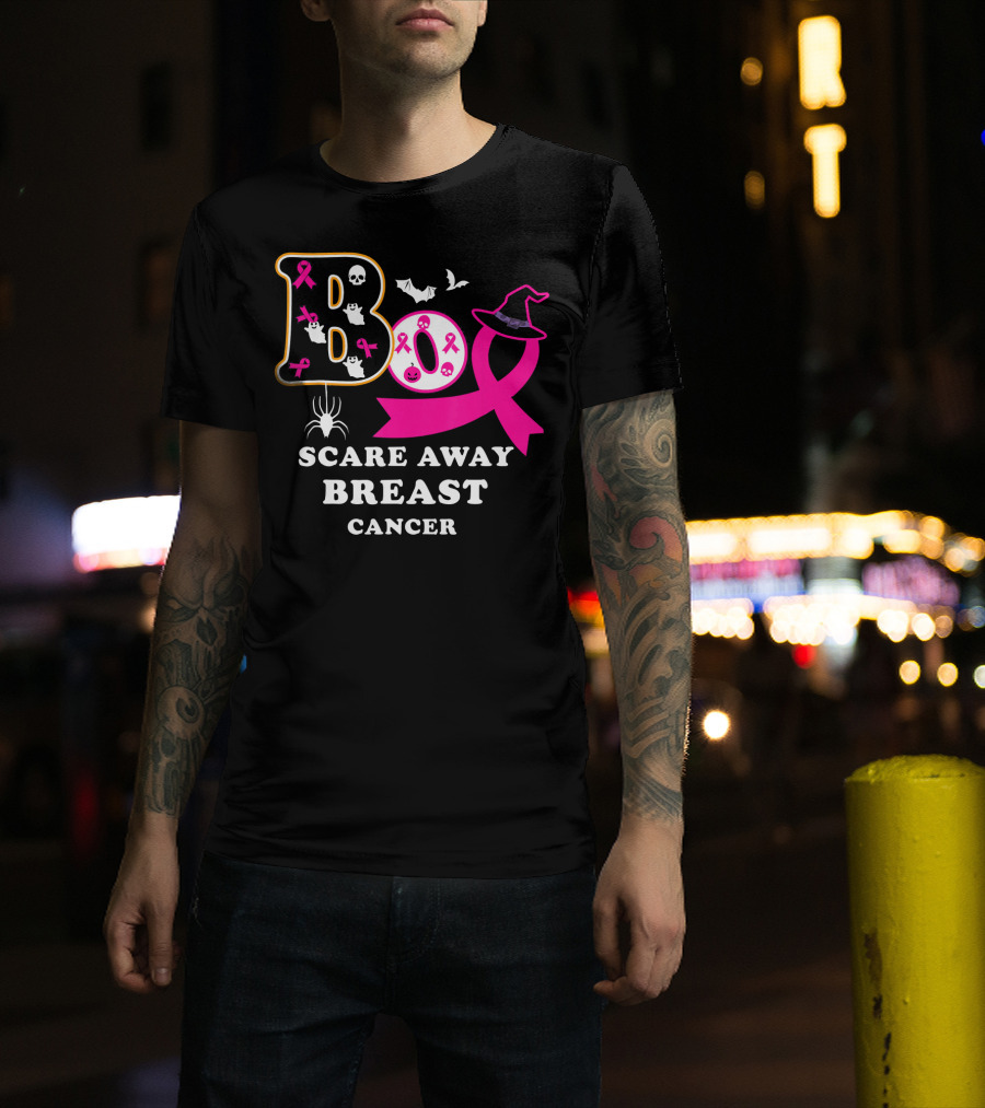 Halloween Boo With Pink Ribbon Scare Away Breast Cancer T-Shirt