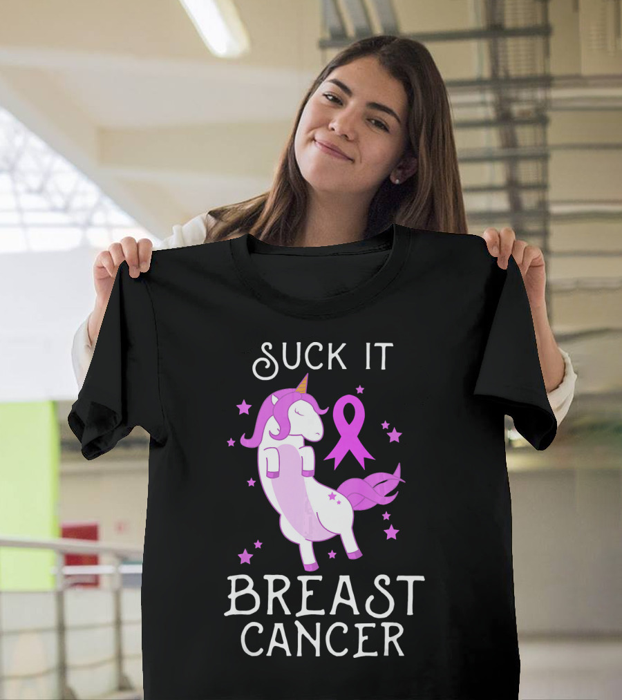 Suck It Breast Cancer Unicorn Awareness Ribbon Stars T-Shirt