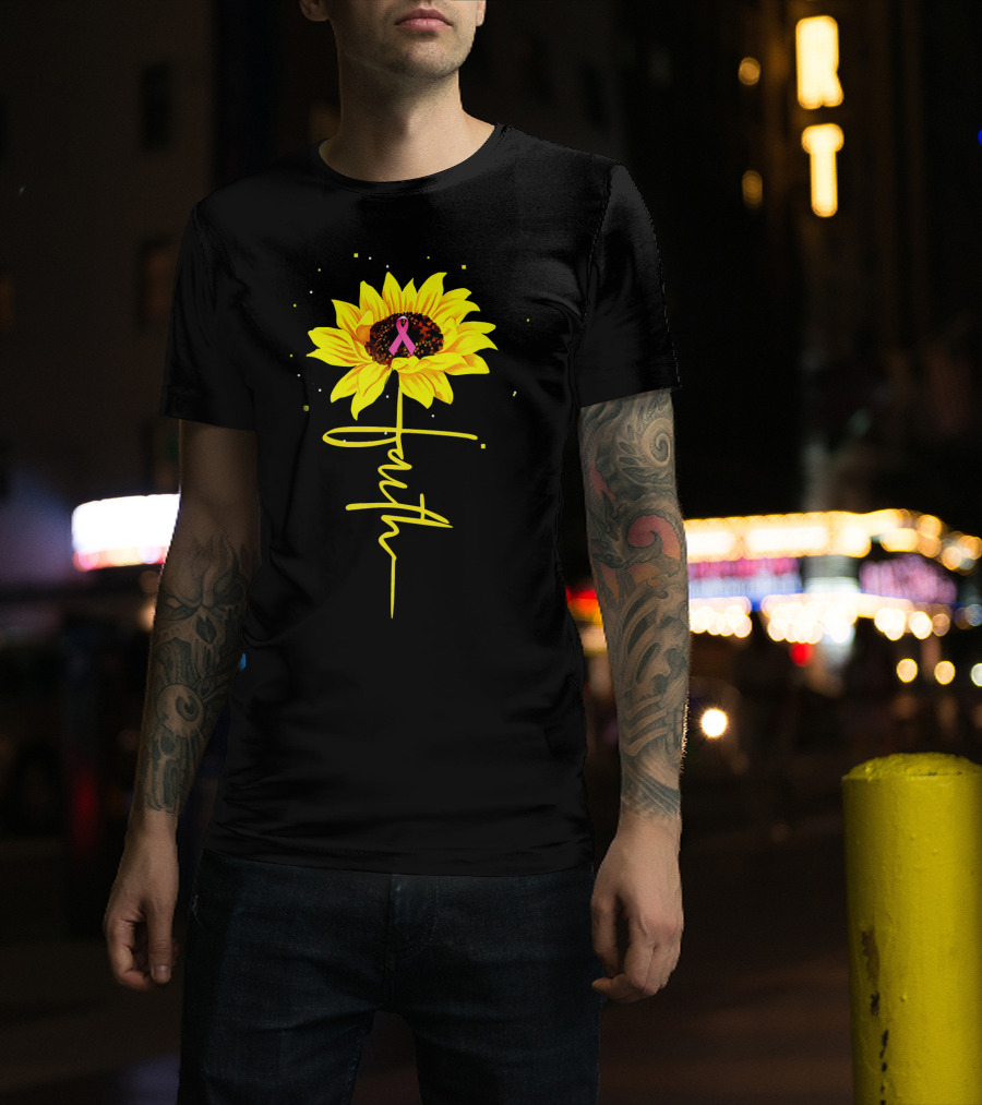 Faith Sunflower Pink Ribbon Breast Cancer Awareness T-Shirt