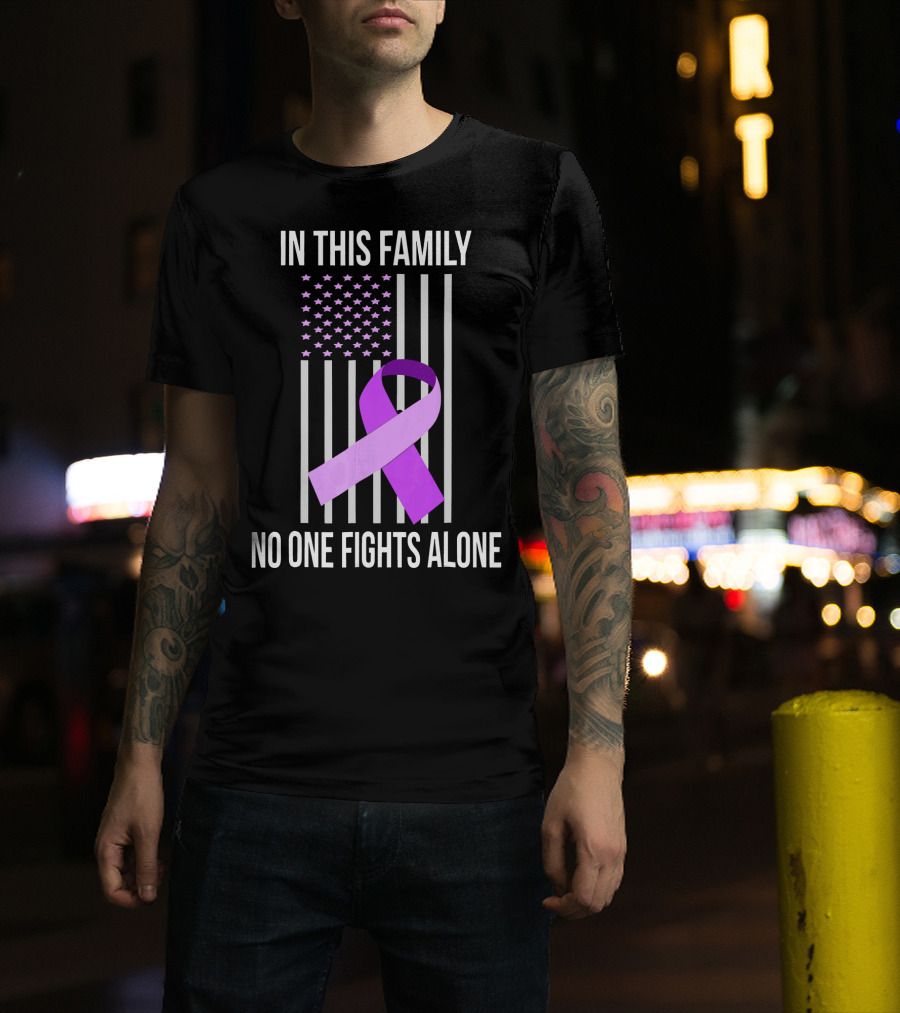 In This Family No One Fights Alone USA Flag Purple Ribbon Pancreatic Cancer T-Shirt