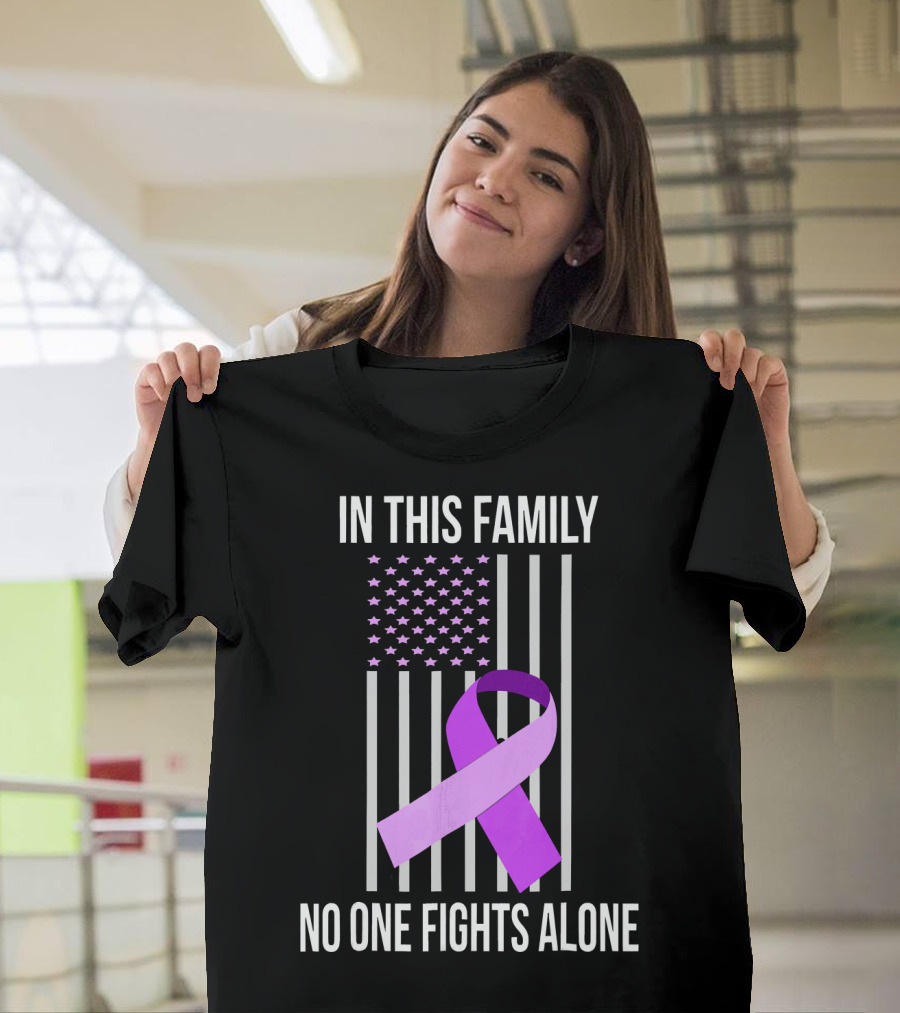 In This Family No One Fights Alone USA Flag Purple Ribbon Pancreatic Cancer T-Shirt