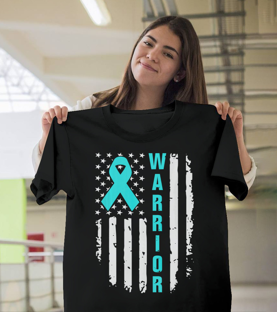 Warrior Teal Ribbon American Flag Ovarian Cancer T-Shirt