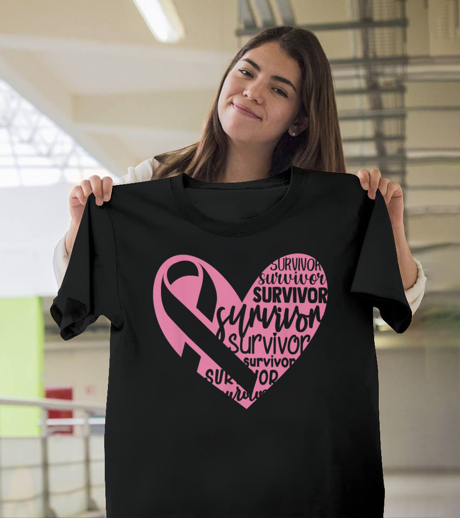 Survivor Pink Ribbon Heart Breast Cancer Pin T-Shirt