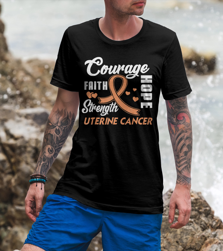 Courage Faith Strength Hope Uterine Cancer Fight Wear Peach T-Shirt