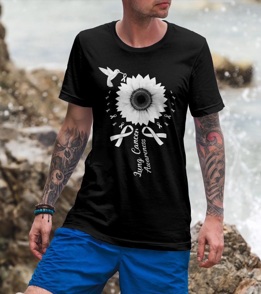 Lung Cancer Awareness Hummingbird Sunflower White T-Shirt