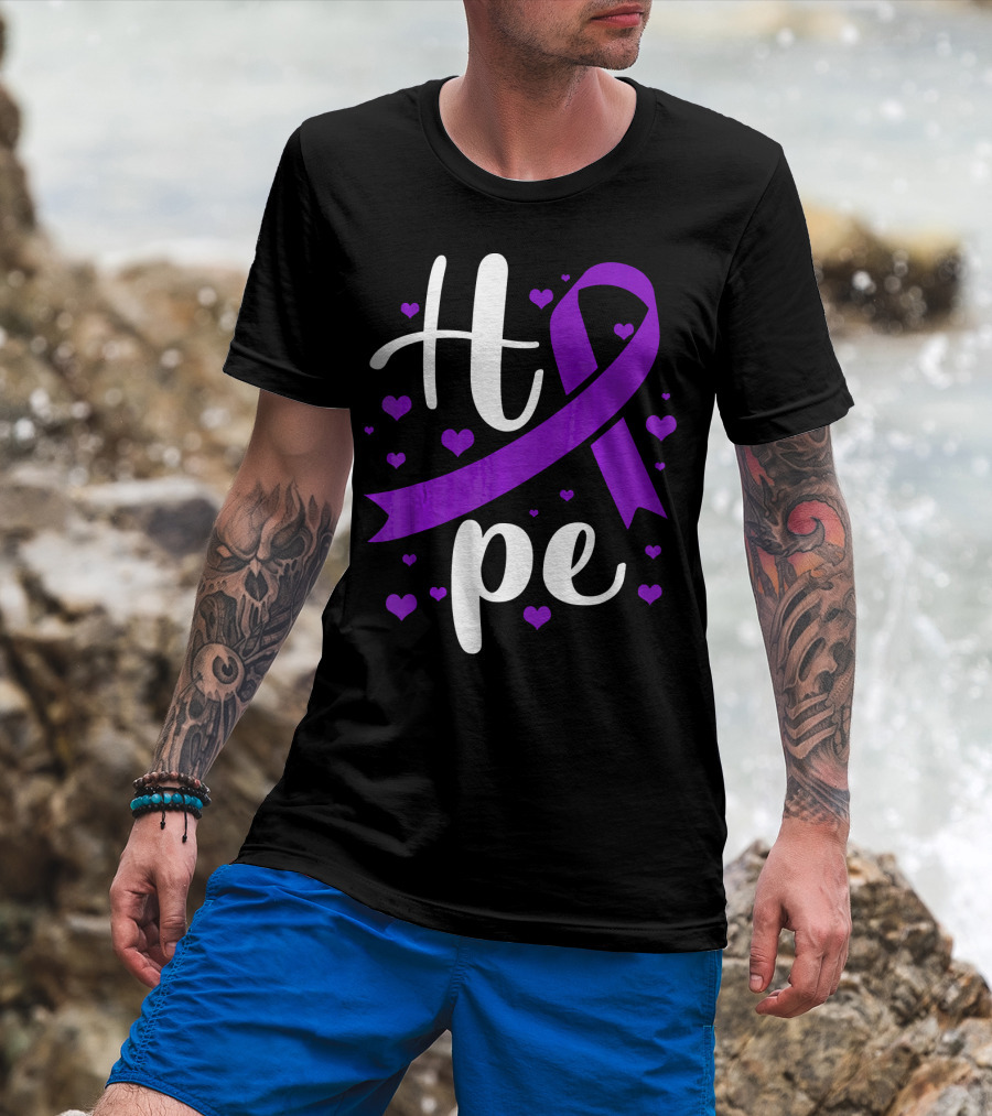 Hope Pancreatic Cancer Awareness Women Purple Ribbon Hearts T-Shirt
