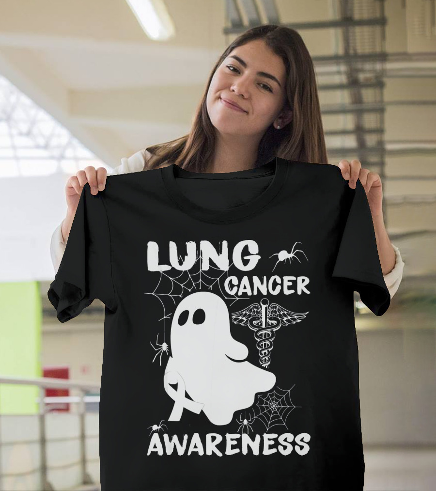Lung Cancer Awareness Boo Ghost With Spider Webs And Spider T-Shirt
