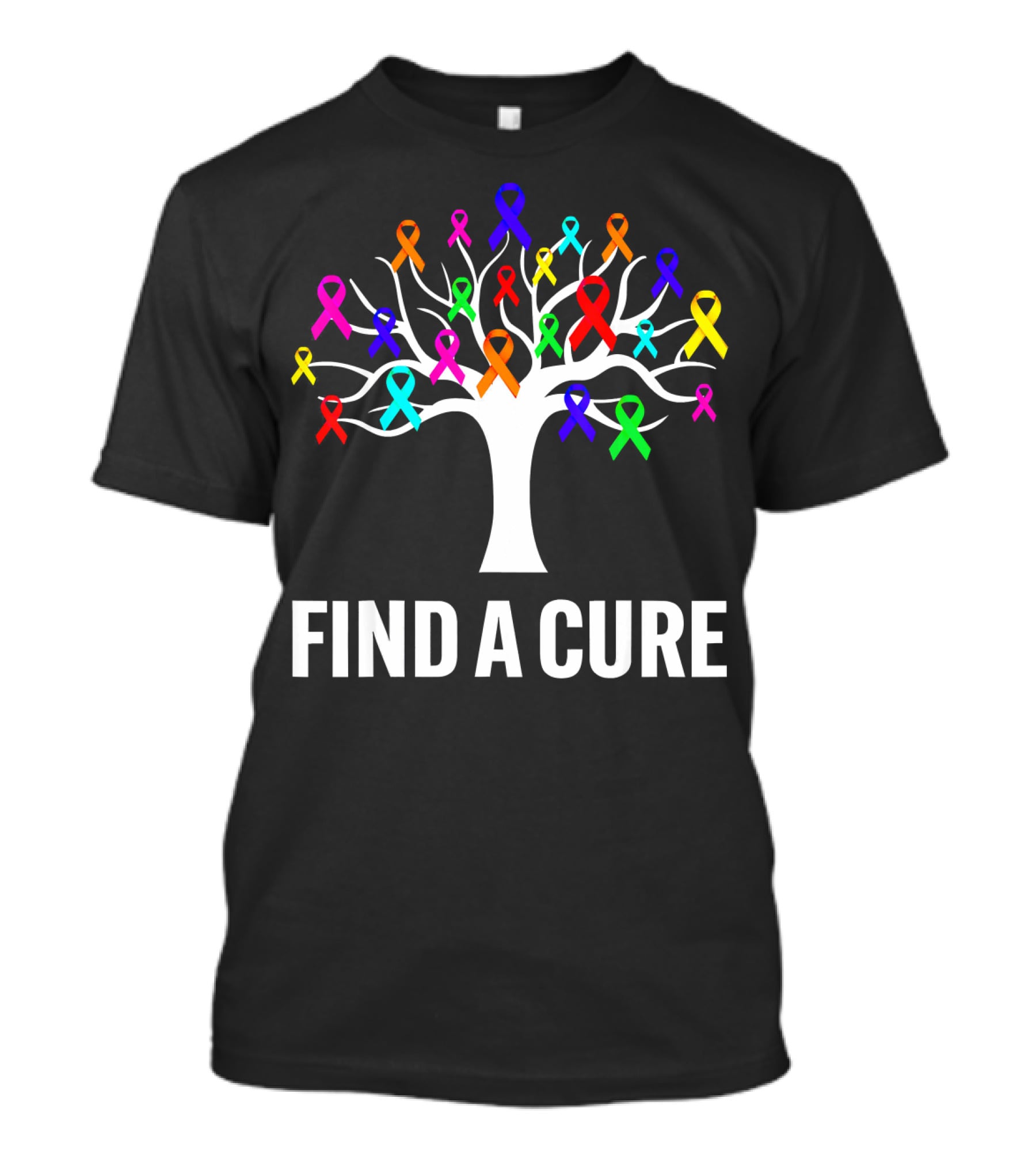 Find A Cure Rainbow Ribbons Cancer Awareness Tree T-Shirt
