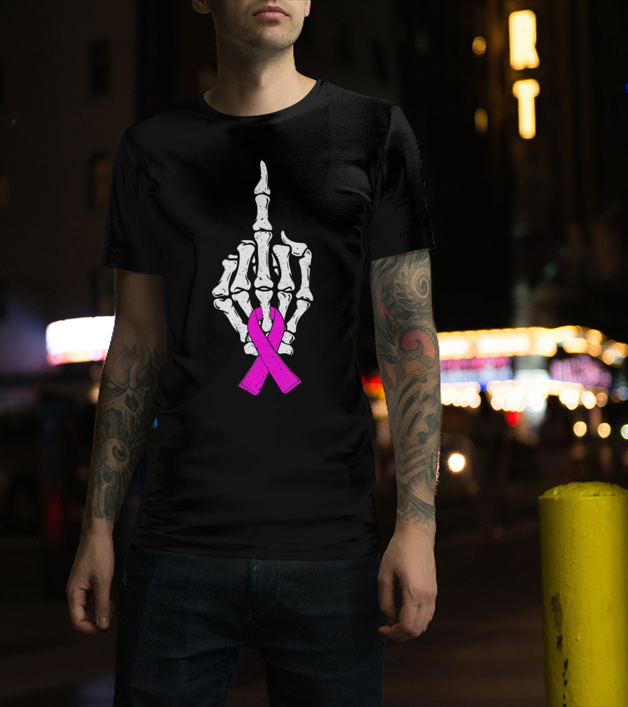 Breast Cancer Skeleton Middle Finger Pink Ribbon Awareness T-Shirt