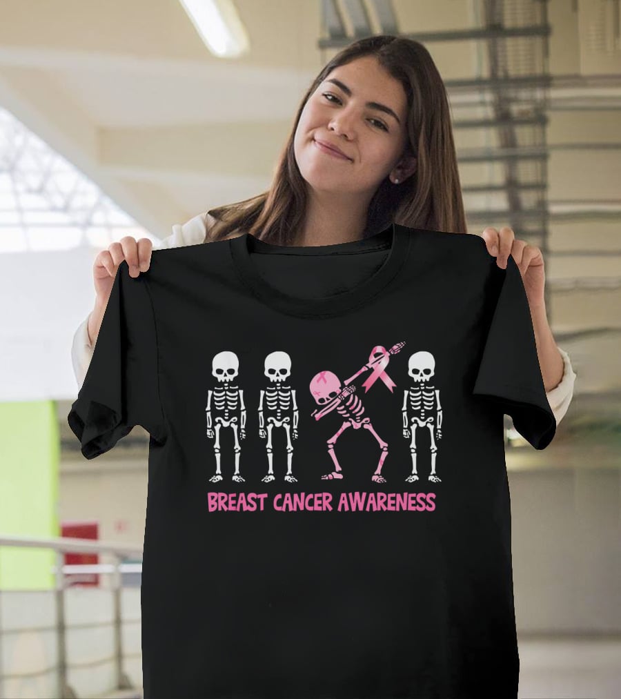 Dabbing Skeleton Pink Ribbon Breast Cancer Awareness T-Shirt