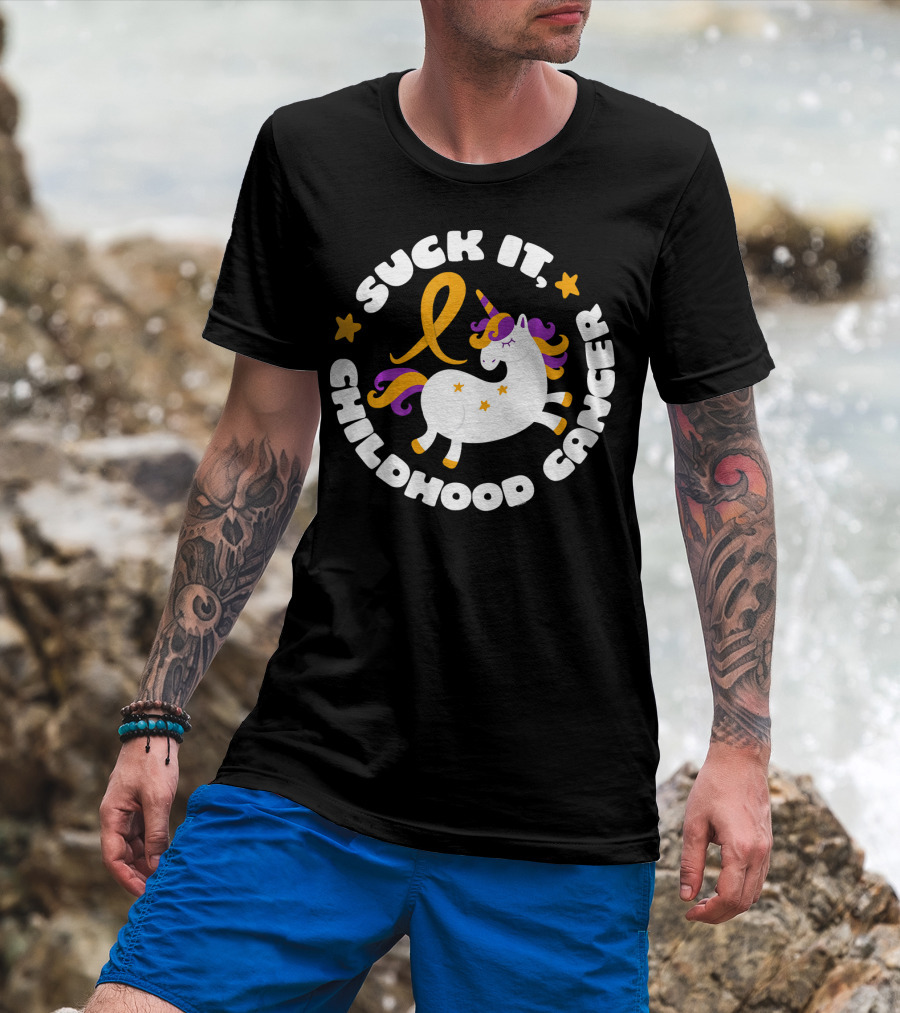 Suck It Childhood Cancer Unicorn Ribbon Fighter T-Shirt