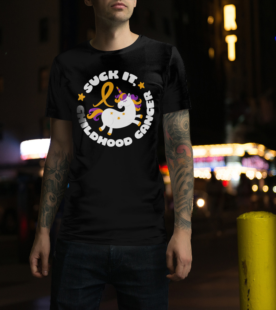 Suck It Childhood Cancer Unicorn Ribbon Fighter T-Shirt