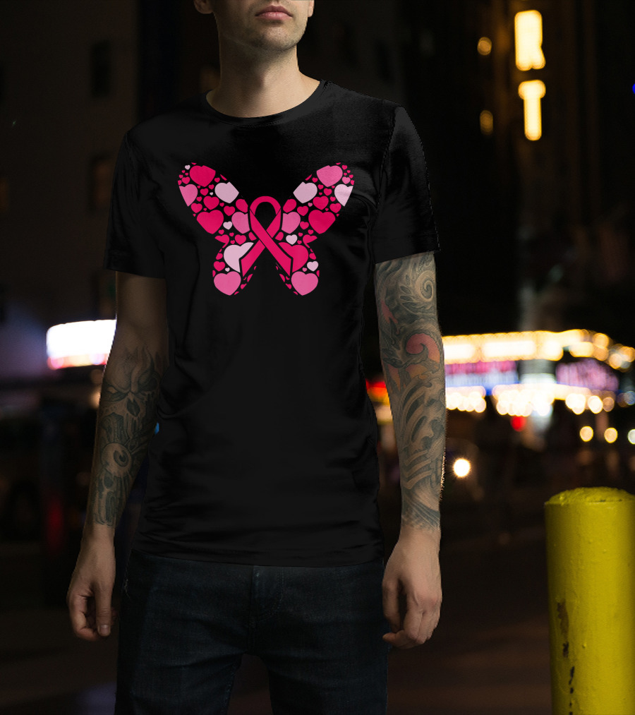Pink Ribbon Hearts Butterfly Breast Cancer Awareness T-Shirt