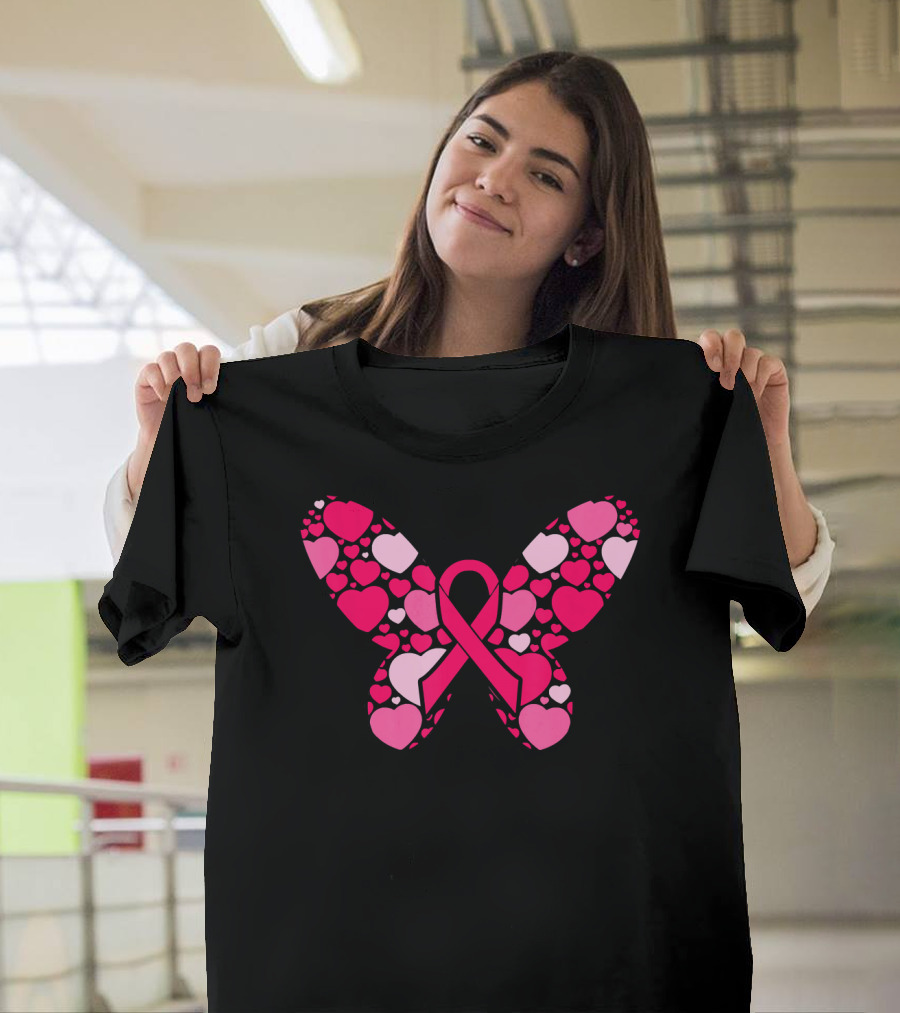 Pink Ribbon Hearts Butterfly Breast Cancer Awareness T-Shirt