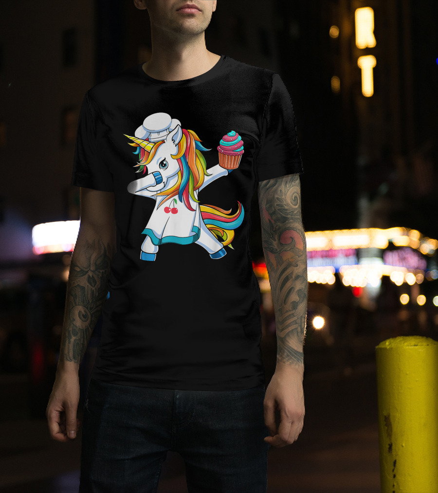 Dabbing Unicorn Rainbow Chef With Cupcake T-Shirt