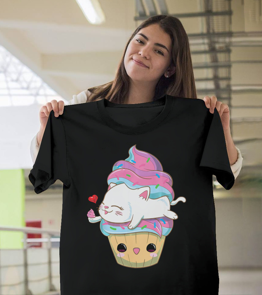 Cute Kawaii Cat on Pastel Sprinkles Cupcake with Heart Balloon T-Shirt