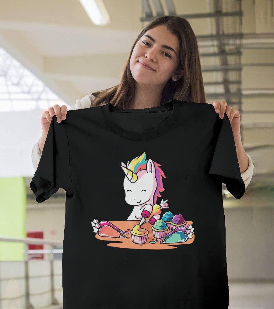 Unicorn Decorating Colorful Cupcakes with Rainbow Frosting T-Shirt