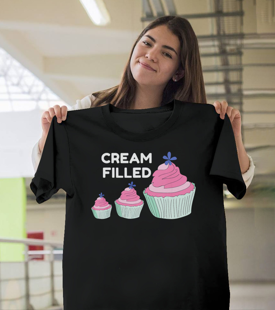 CREAM FILLED Cupcake Lover Trio with Pink Frosting and Blue Flower T-Shirt