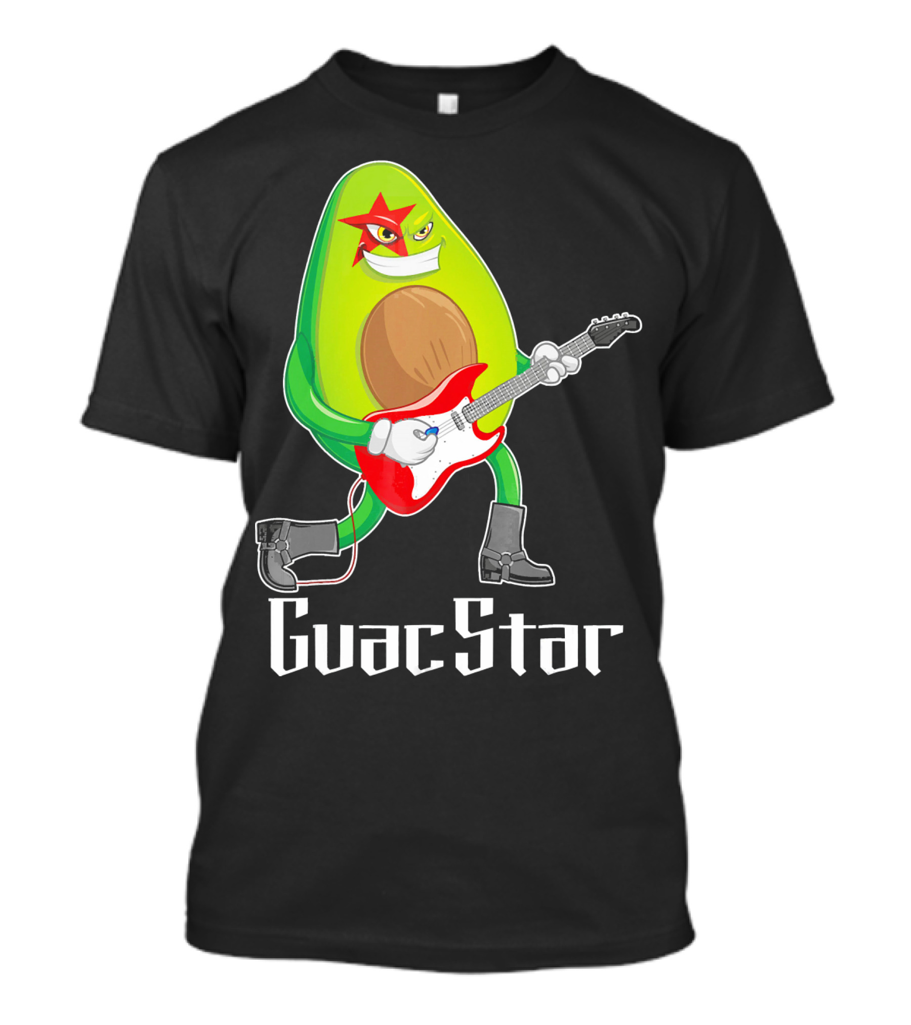 Guac Star Avocado Rock Star Playing Guitar With Red Boots T-Shirt