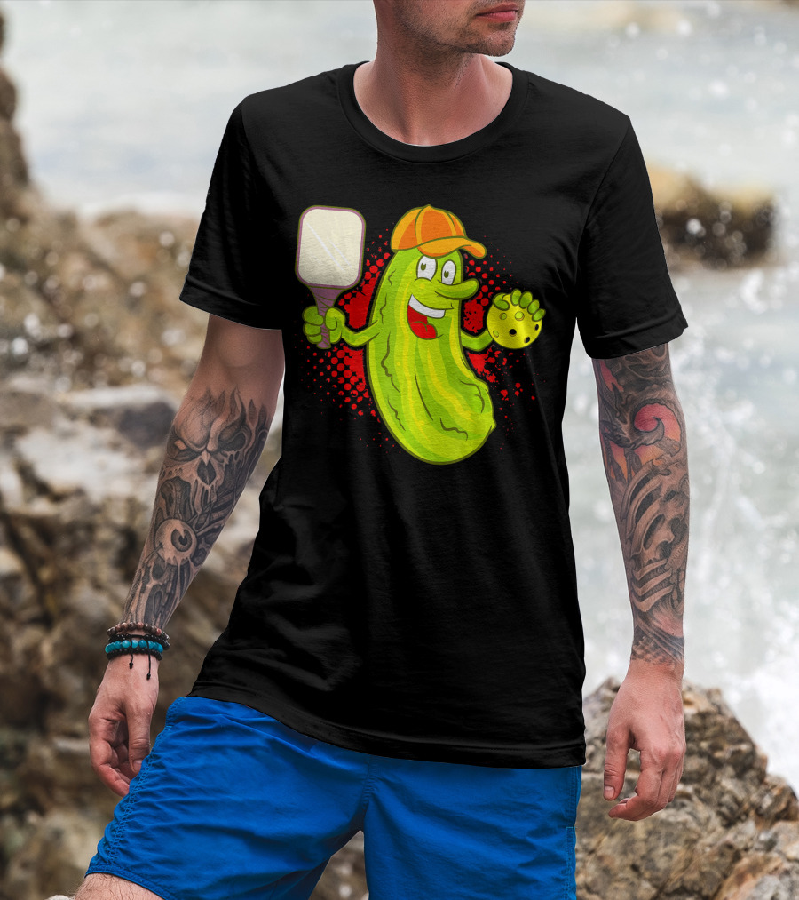 Pickleball Pickle Funny Humor With Paddle And Ball T-Shirt