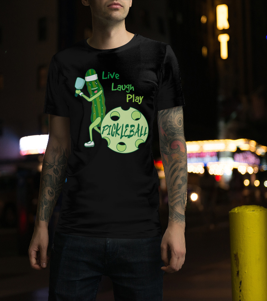 Live Laugh Play Pickleball Funny Sports Pickle Character Paddle T-Shirt