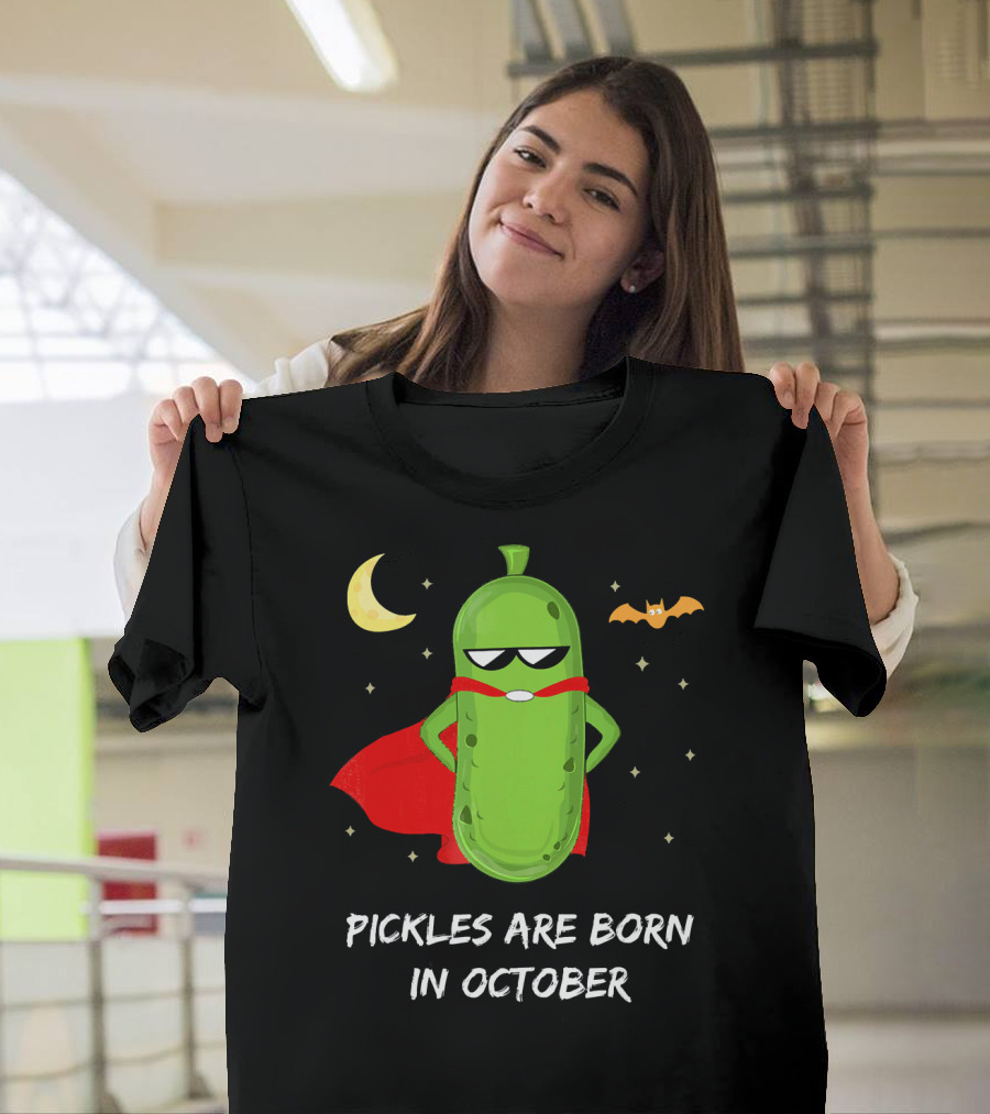 Superhero Pickles With Cape And Halloween Moon Born In October T-Shirt