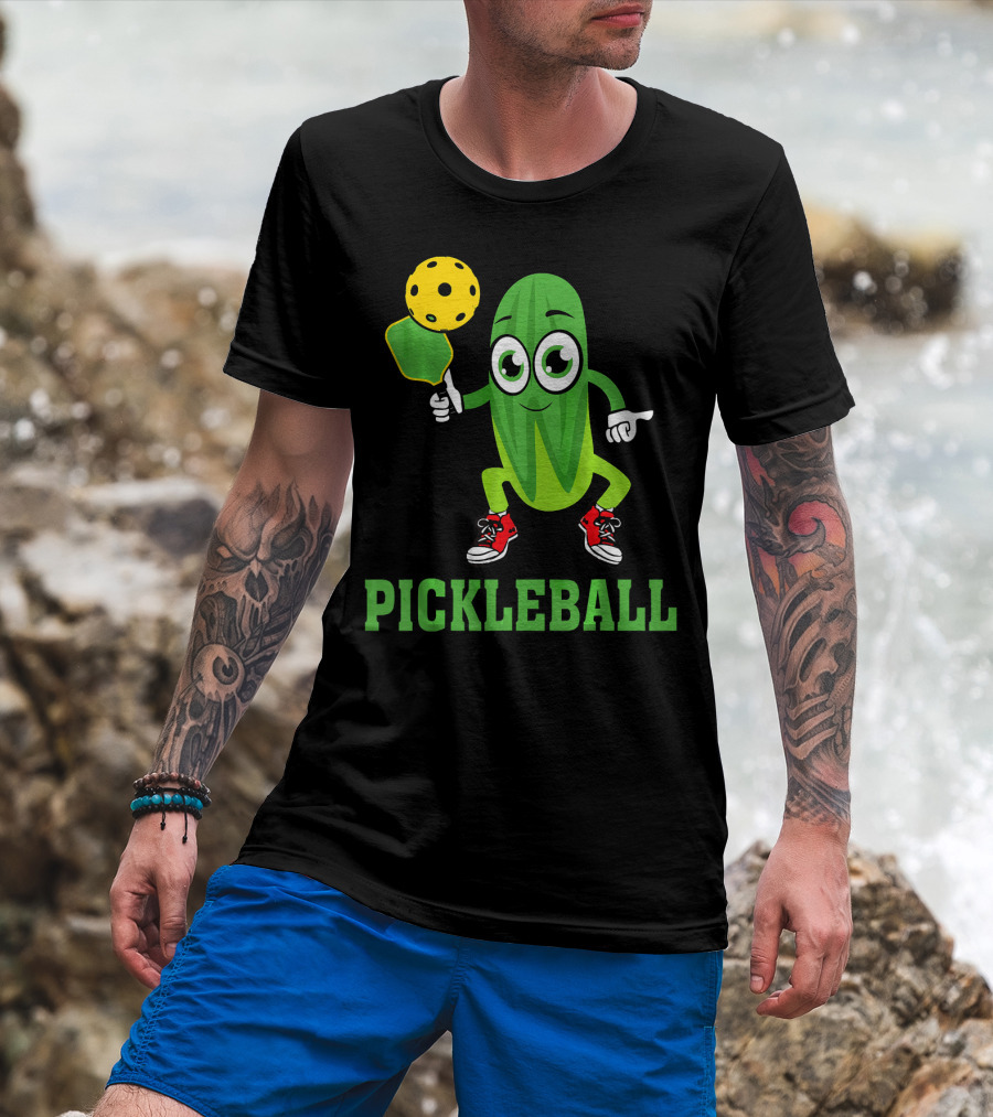 Pickle Character Playing Pickleball With Paddle And Ball T-Shirt
