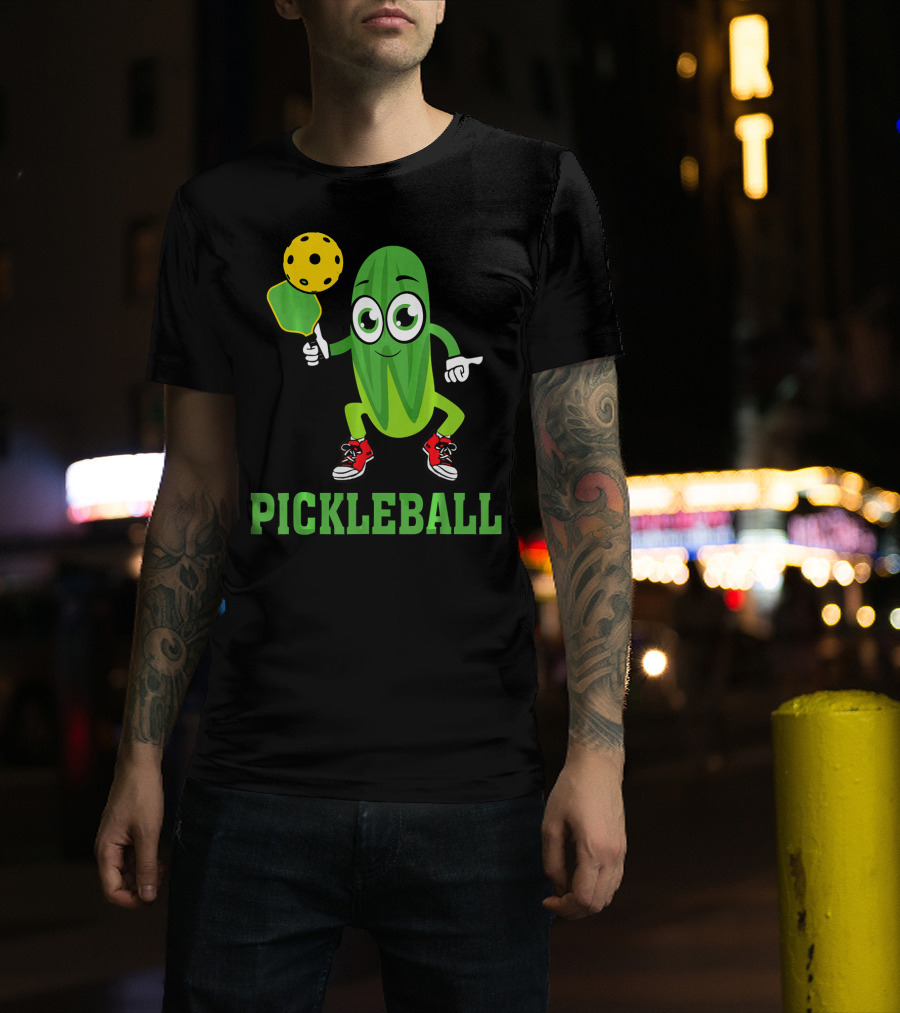 Pickle Character Playing Pickleball With Paddle And Ball T-Shirt