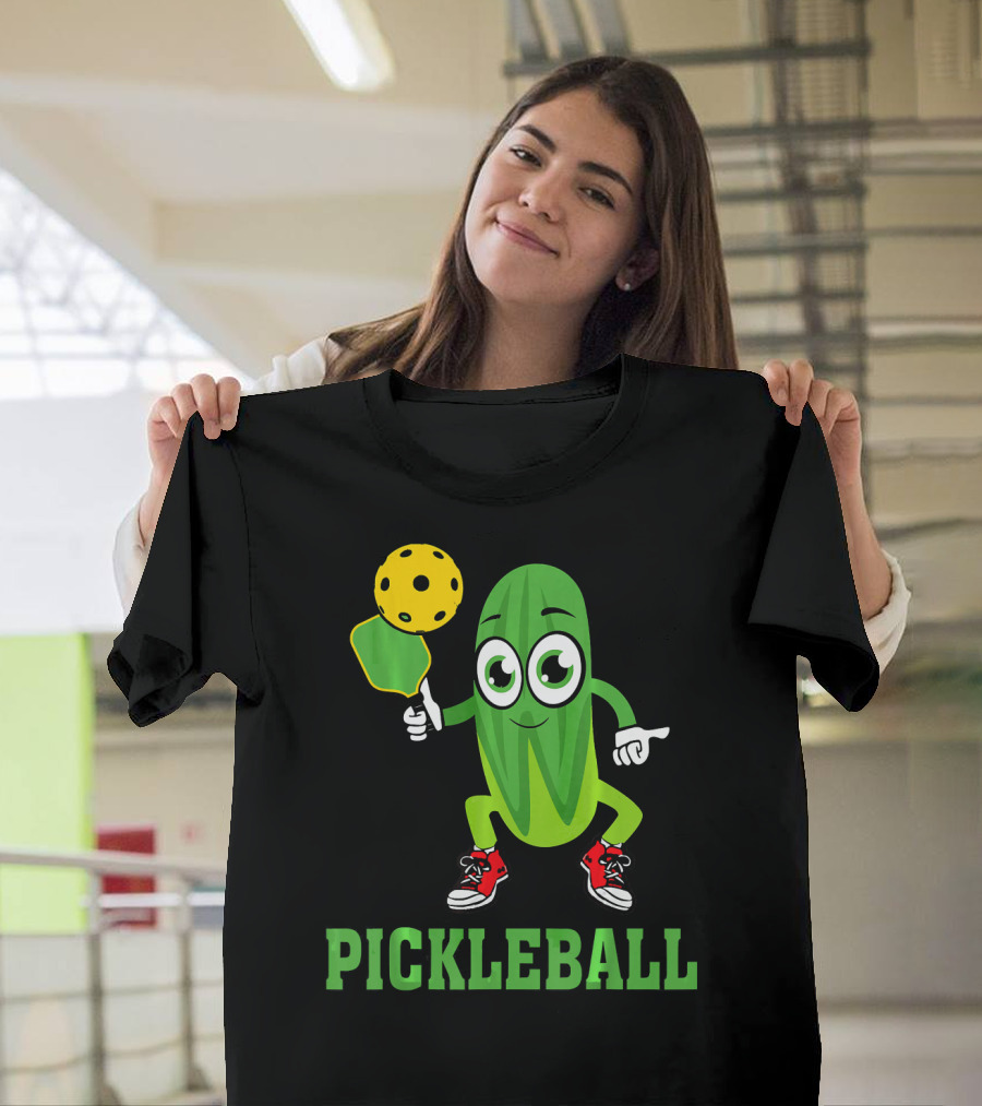 Pickle Character Playing Pickleball With Paddle And Ball T-Shirt