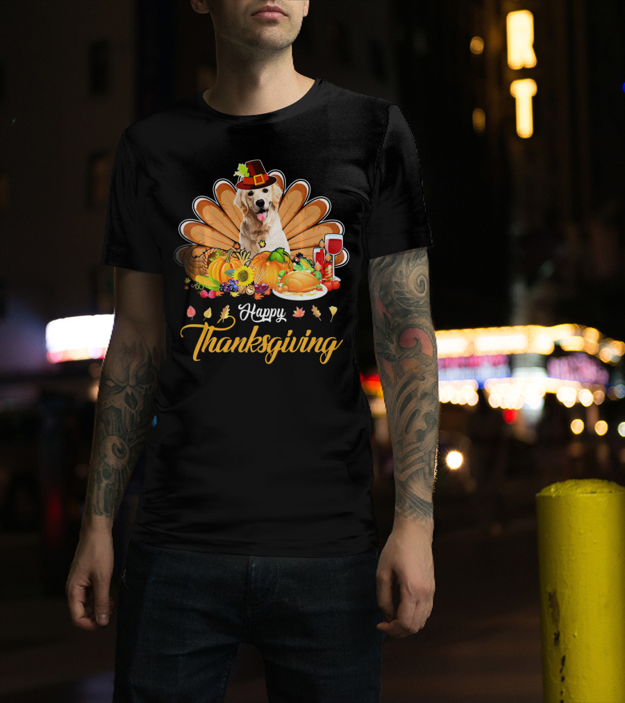 Happy Thanksgiving Golden Retriever Turkey Dish Wine T-Shirt