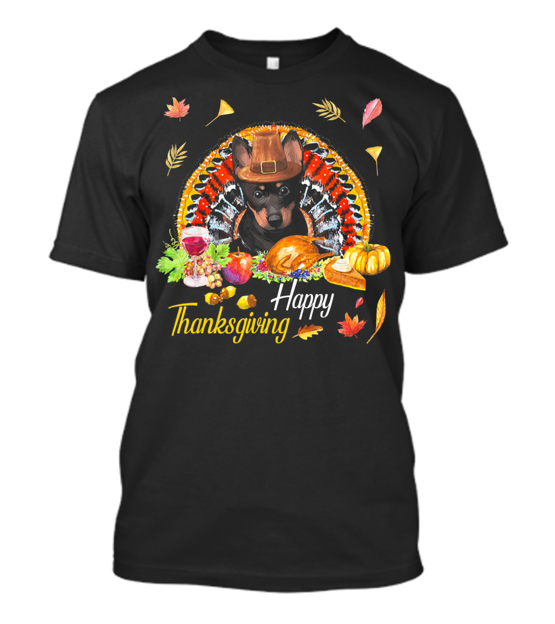 Happy Thanksgiving Heeler Dog With Feast And Autumn Leaves T-Shirt