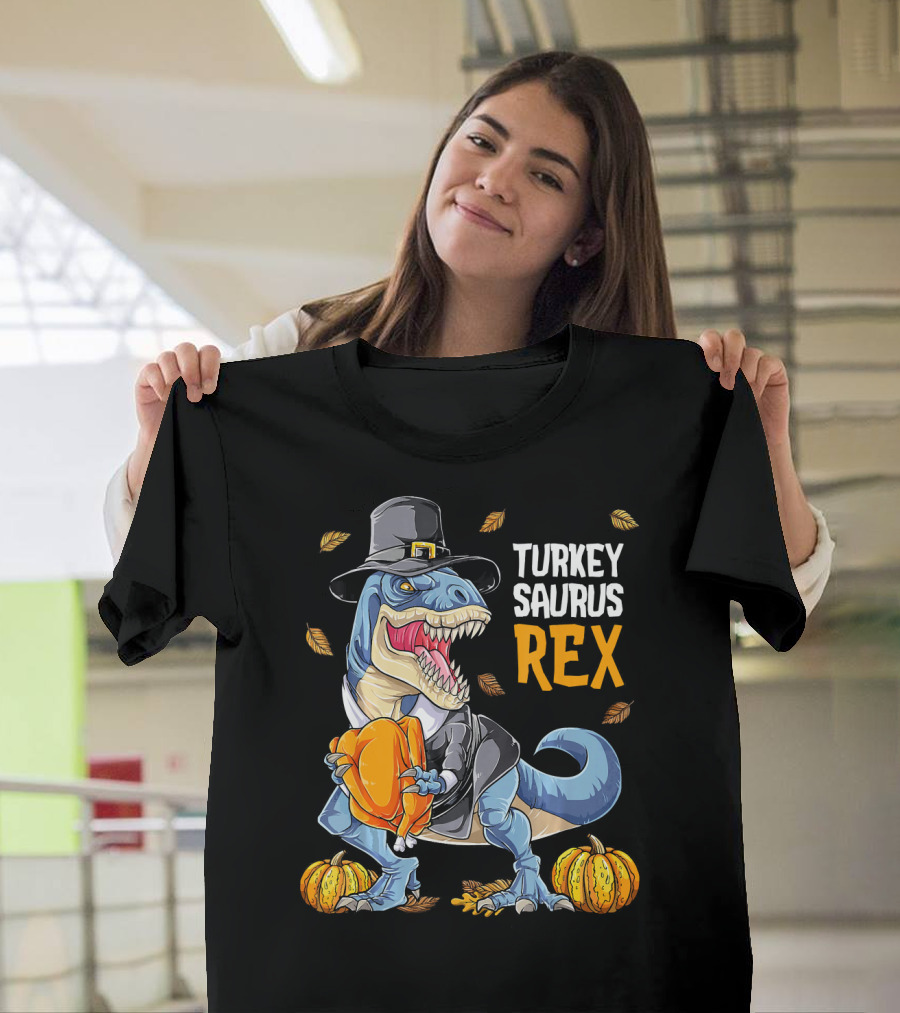 Turkey Saurus Rex Dinosaur Thanksgiving Boys Pilgrim Hat Pumpkin T-Shirt