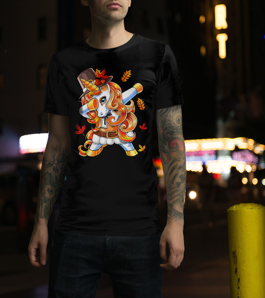 Thanksgiving Pilgrim Unicorn Dabbing Autumn Leaves T-Shirt