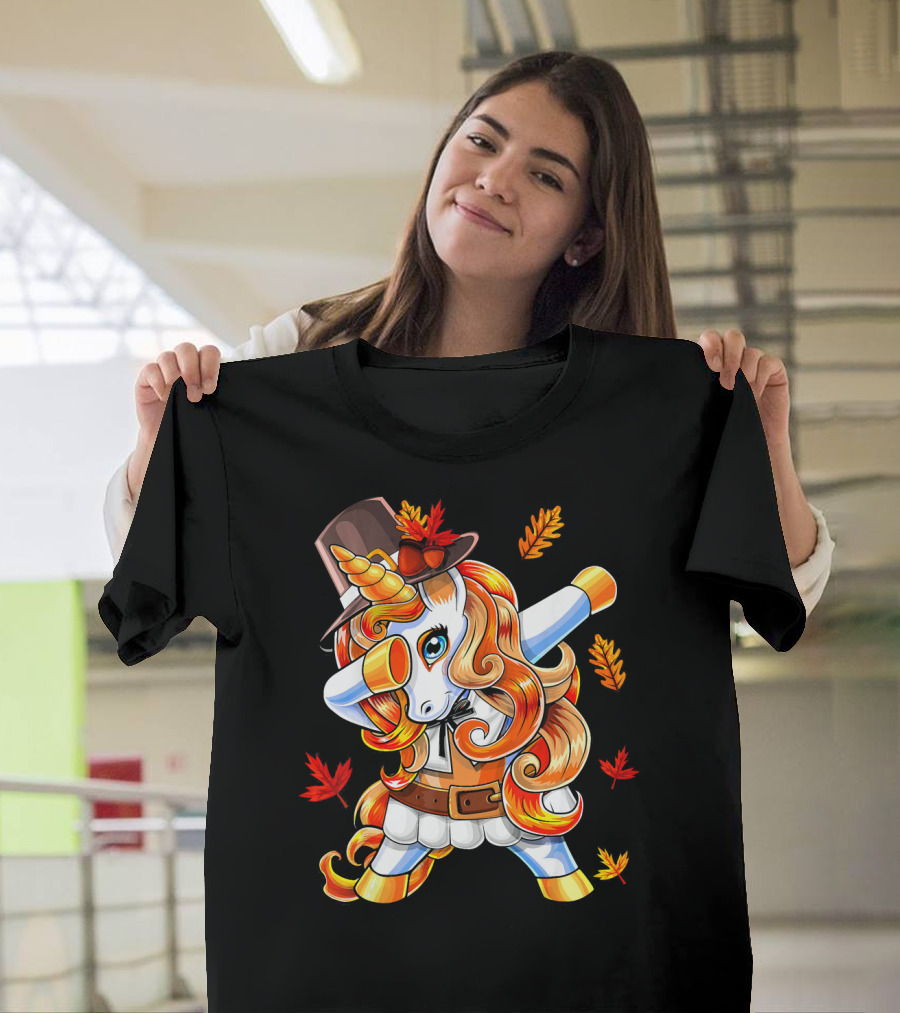 Thanksgiving Pilgrim Unicorn Dabbing Autumn Leaves T-Shirt