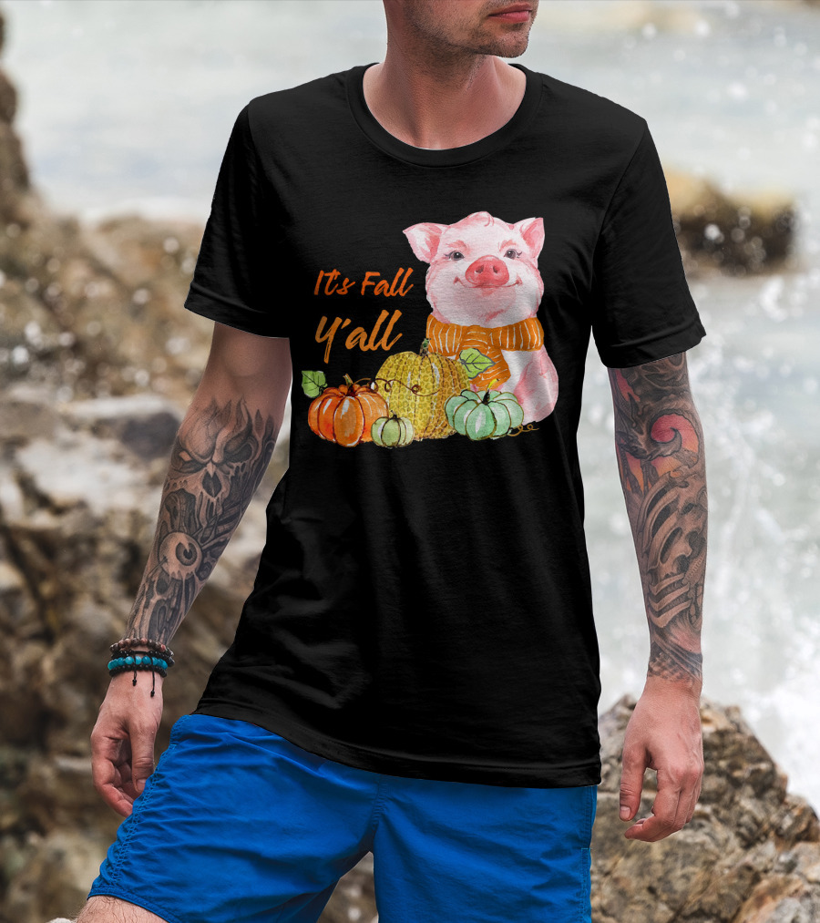 Its Fall Y'all Cute Pig With Leopard Pumpkin Scarf T-Shirt