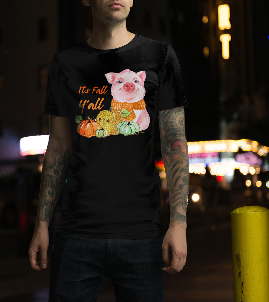 Its Fall Y'all Cute Pig With Leopard Pumpkin Scarf T-Shirt