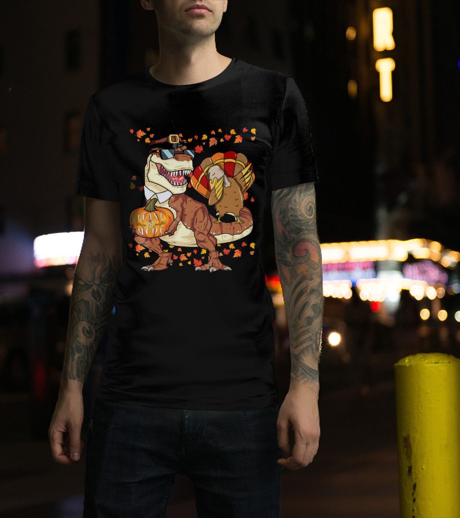 Thanksgiving Feast Mode Dinosaur With Turkey And Autumn Leaves T-Shirt