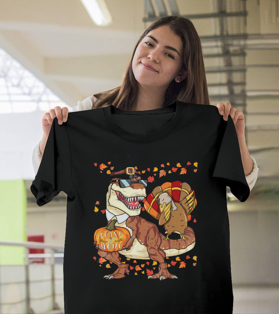 Thanksgiving Feast Mode Dinosaur With Turkey And Autumn Leaves T-Shirt