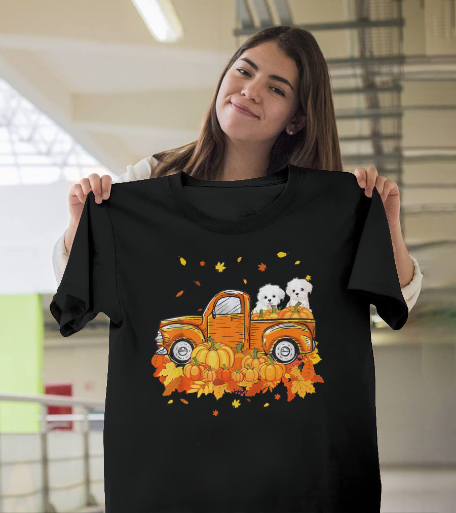 Maltese Dogs Riding Pumpkin Truck For Halloween T-Shirt